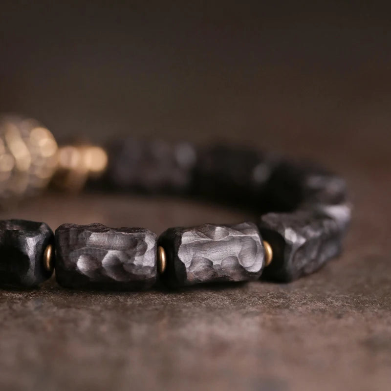 Strip Ebony Hand Carved Beads Bracelet Do Old Unique Design Brass Charm Genuine Black Wood Men Women Stretch Wrist Jewelry