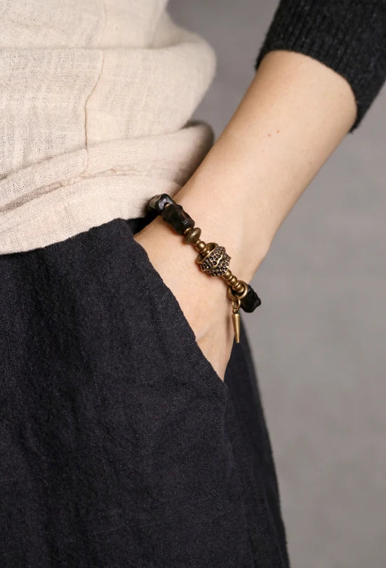 Strip Ebony Hand Carved Beads Bracelet Do Old Unique Design Brass Charm Genuine Black Wood Men Women Stretch Wrist Jewelry