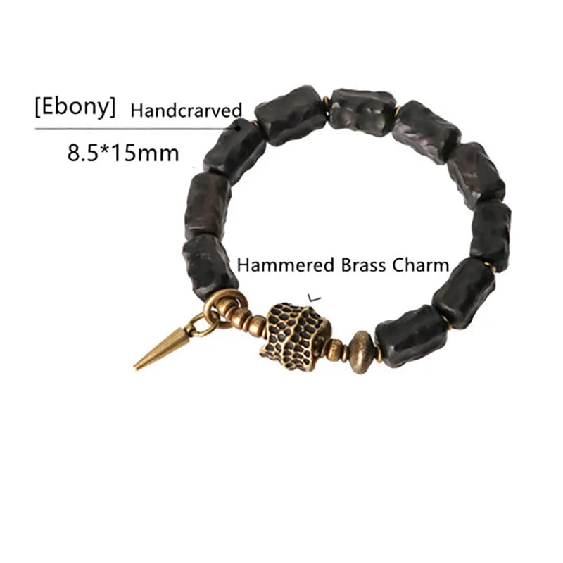 Strip Ebony Hand Carved Beads Bracelet Do Old Unique Design Brass Charm Genuine Black Wood Men Women Stretch Wrist Jewelry