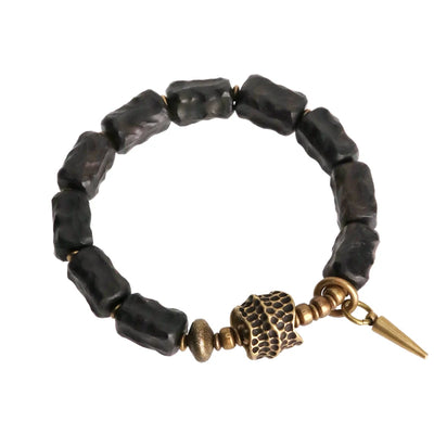 Strip Ebony Hand Carved Beads Bracelet Do Old Unique Design Brass Charm Genuine Black Wood Men Women Stretch Wrist Jewelry