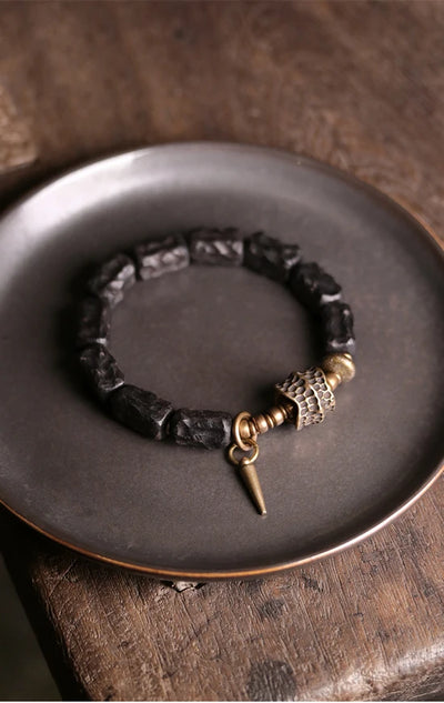 Strip Ebony Hand Carved Beads Bracelet Do Old Unique Design Brass Charm Genuine Black Wood Men Women Stretch Wrist Jewelry