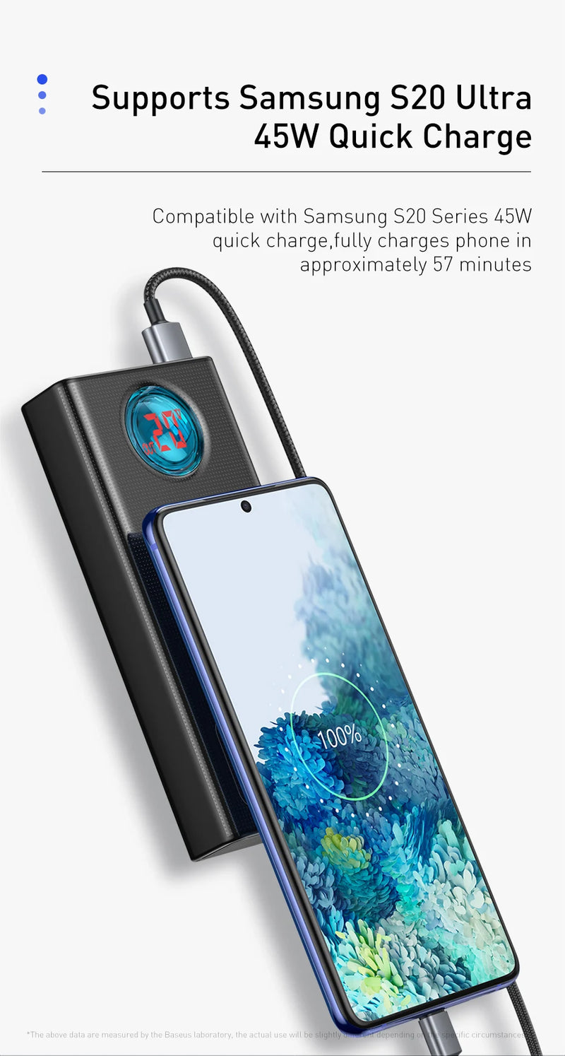 Baseus Power Bank 30000mAh 65W PD3.0 Quick Charging 3.0 FCP SCP Portable External For iPhone 14 12 13 Laptop Tablet Power bank