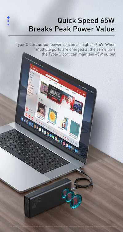 Baseus Power Bank 30000mAh 65W PD3.0 Quick Charging 3.0 FCP SCP Portable External For iPhone 14 12 13 Laptop Tablet Power bank