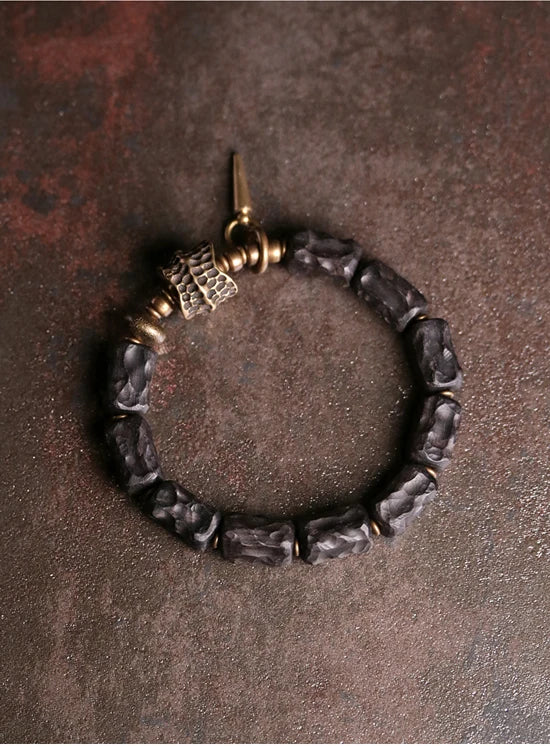 Strip Ebony Hand Carved Beads Bracelet Do Old Unique Design Brass Charm Genuine Black Wood Men Women Stretch Wrist Jewelry