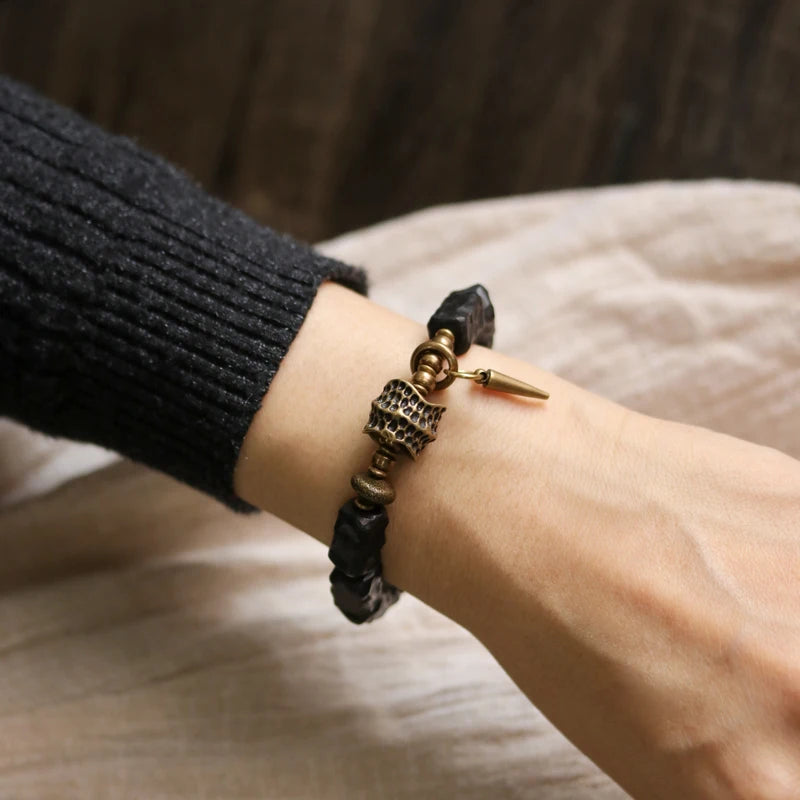 Strip Ebony Hand Carved Beads Bracelet Do Old Unique Design Brass Charm Genuine Black Wood Men Women Stretch Wrist Jewelry