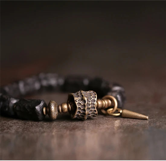Strip Ebony Hand Carved Beads Bracelet Do Old Unique Design Brass Charm Genuine Black Wood Men Women Stretch Wrist Jewelry