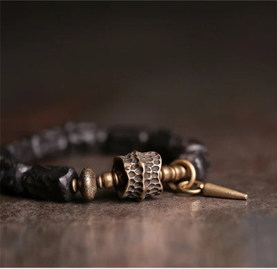 Strip Ebony Hand Carved Beads Bracelet Do Old Unique Design Brass Charm Genuine Black Wood Men Women Stretch Wrist Jewelry