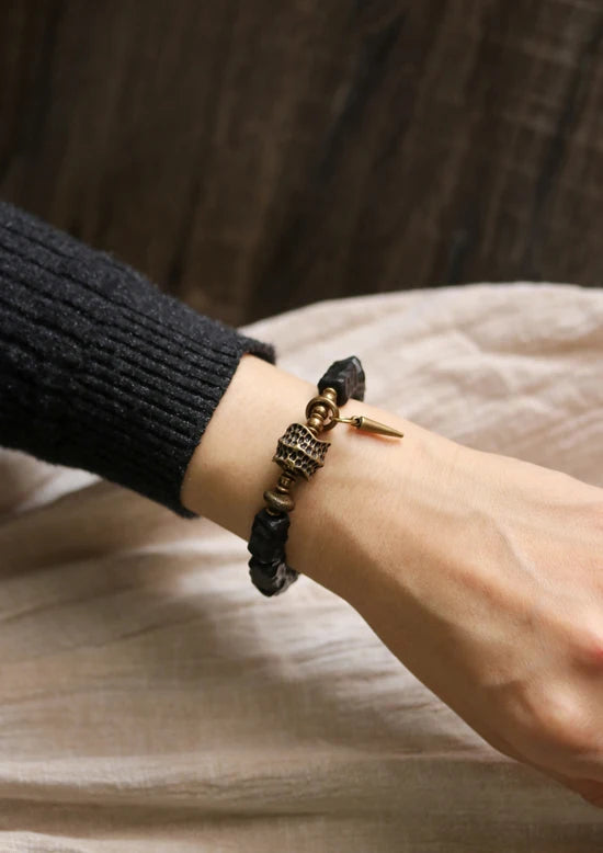 Strip Ebony Hand Carved Beads Bracelet Do Old Unique Design Brass Charm Genuine Black Wood Men Women Stretch Wrist Jewelry