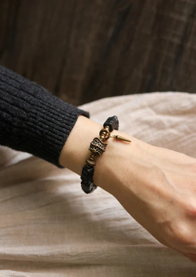 Strip Ebony Hand Carved Beads Bracelet Do Old Unique Design Brass Charm Genuine Black Wood Men Women Stretch Wrist Jewelry