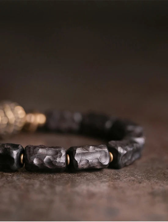 Strip Ebony Hand Carved Beads Bracelet Do Old Unique Design Brass Charm Genuine Black Wood Men Women Stretch Wrist Jewelry