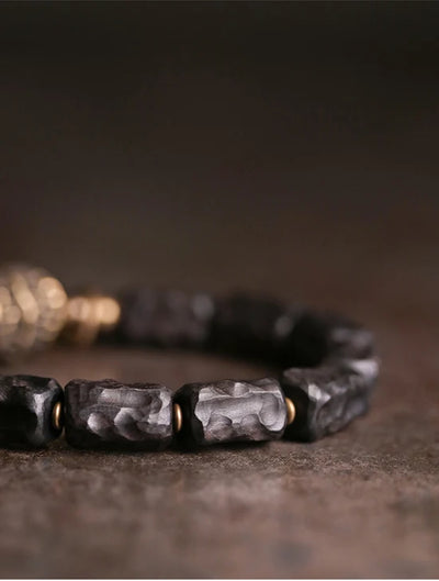 Strip Ebony Hand Carved Beads Bracelet Do Old Unique Design Brass Charm Genuine Black Wood Men Women Stretch Wrist Jewelry