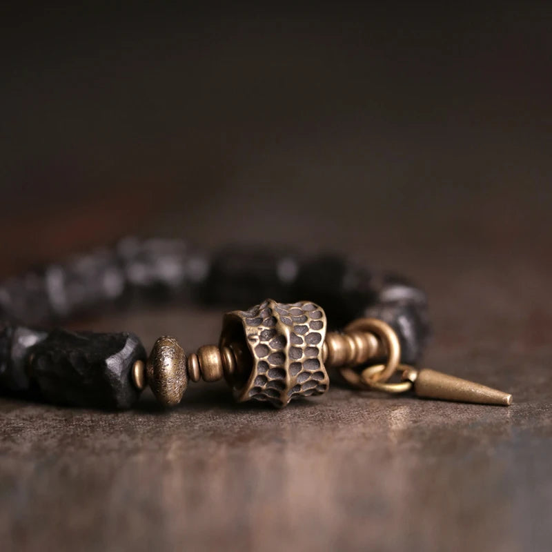 Strip Ebony Hand Carved Beads Bracelet Do Old Unique Design Brass Charm Genuine Black Wood Men Women Stretch Wrist Jewelry
