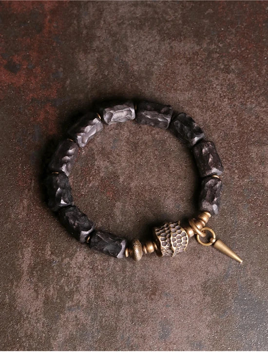 Strip Ebony Hand Carved Beads Bracelet Do Old Unique Design Brass Charm Genuine Black Wood Men Women Stretch Wrist Jewelry