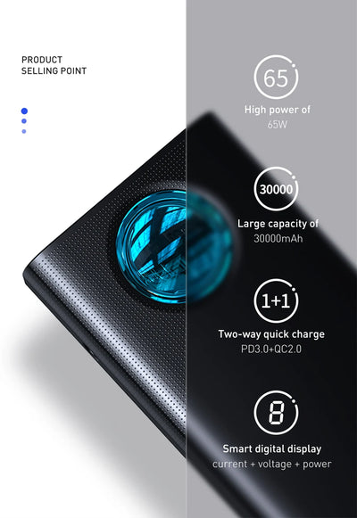 Baseus Power Bank 30000mAh 65W PD3.0 Quick Charging 3.0 FCP SCP Portable External For iPhone 14 12 13 Laptop Tablet Power bank