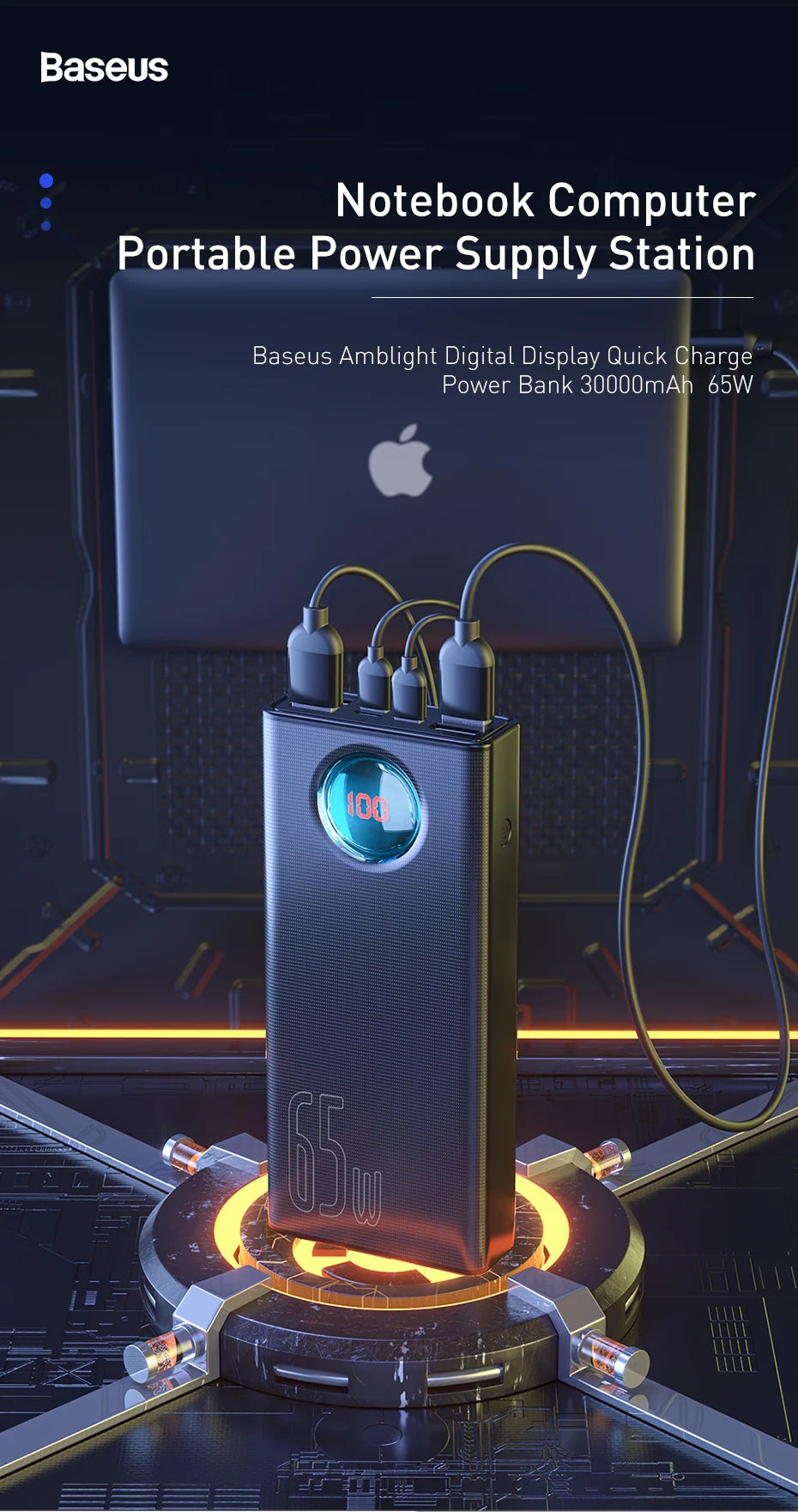 Baseus Power Bank 30000mAh 65W PD3.0 Quick Charging 3.0 FCP SCP Portable External For iPhone 14 12 13 Laptop Tablet Power bank