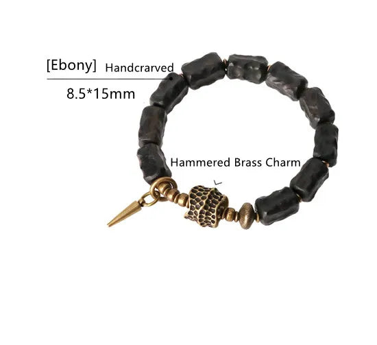 Strip Ebony Hand Carved Beads Bracelet Do Old Unique Design Brass Charm Genuine Black Wood Men Women Stretch Wrist Jewelry