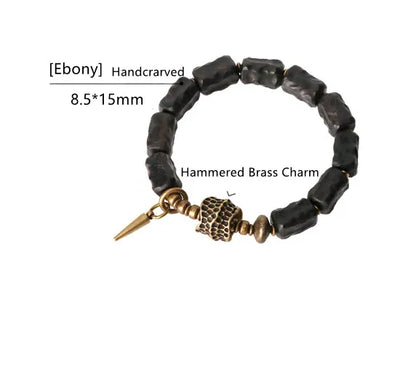 Strip Ebony Hand Carved Beads Bracelet Do Old Unique Design Brass Charm Genuine Black Wood Men Women Stretch Wrist Jewelry
