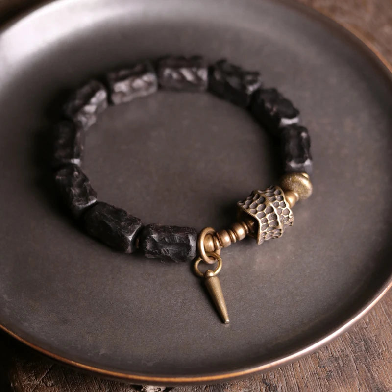 Strip Ebony Hand Carved Beads Bracelet Do Old Unique Design Brass Charm Genuine Black Wood Men Women Stretch Wrist Jewelry