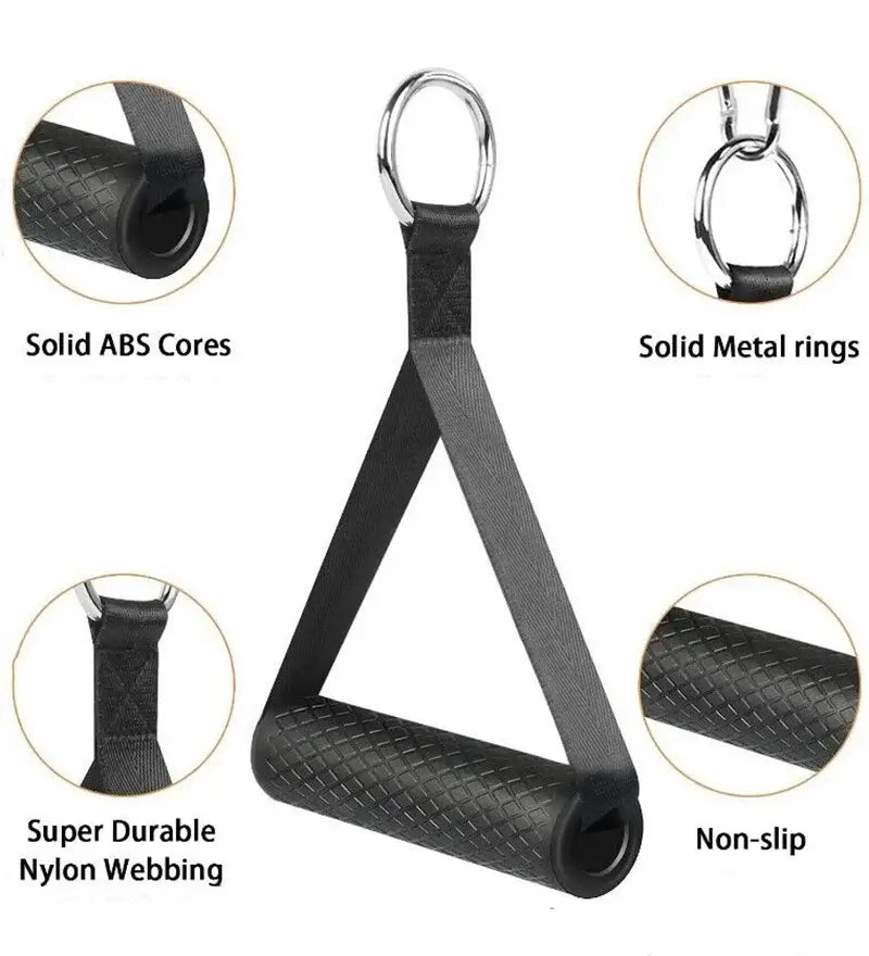 Anti-slip resistance band handles with strong nylon for cable machine workouts.