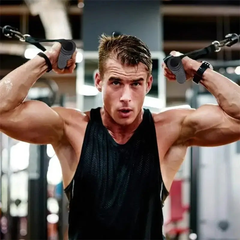 Anti-slip resistance band handles with strong nylon for cable machine workouts.