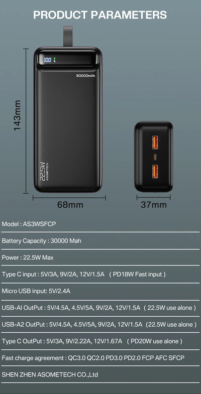 Power Bank 30000 mAh Portable Charger Poverbank Fast Charging Powerbank 10000 20000mAh External Battery For iPhone 13 12 Xiaomi