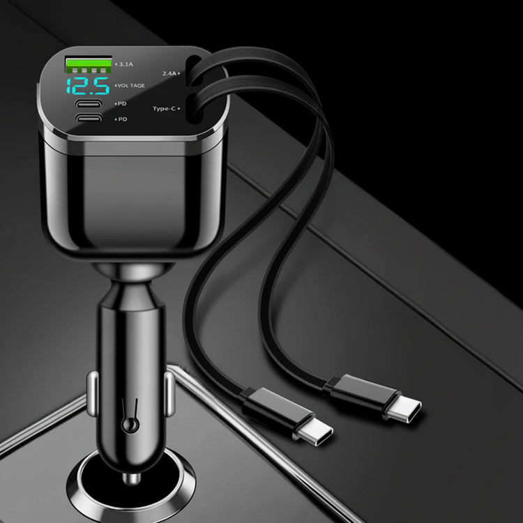Elough Retractable Car Charger 5 in 1 Fast Charging Car Charger Retractable Cable 2 type c Ports Car Charger Adapter Compatible
