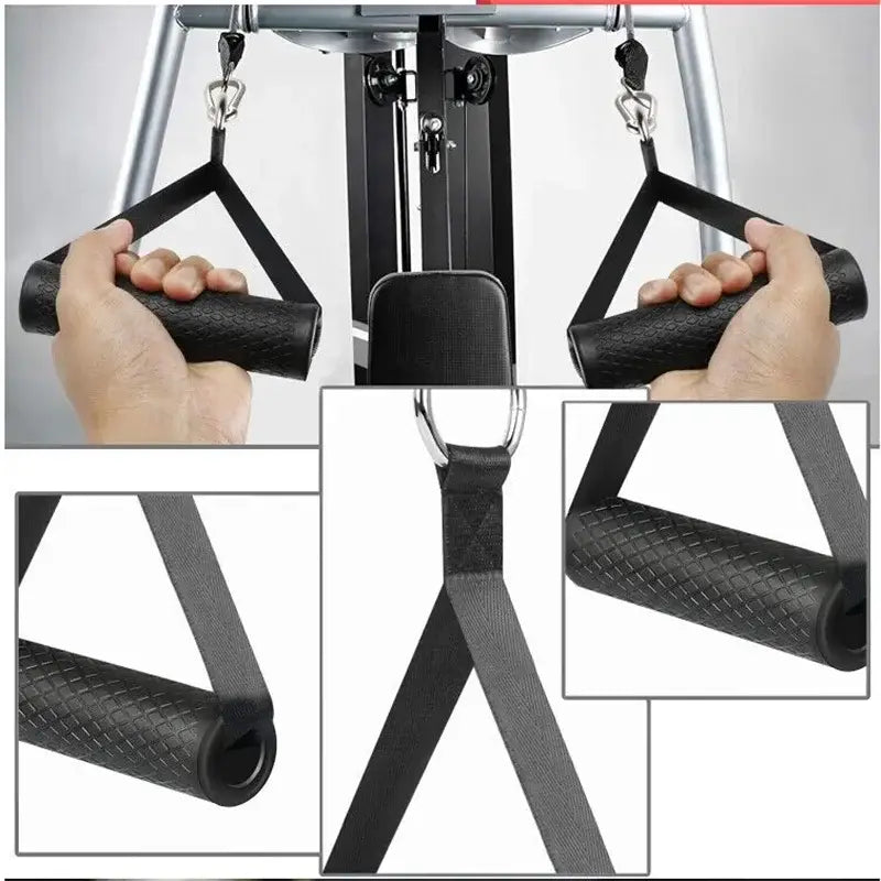 Anti-slip resistance band handles with strong nylon for cable machine workouts.