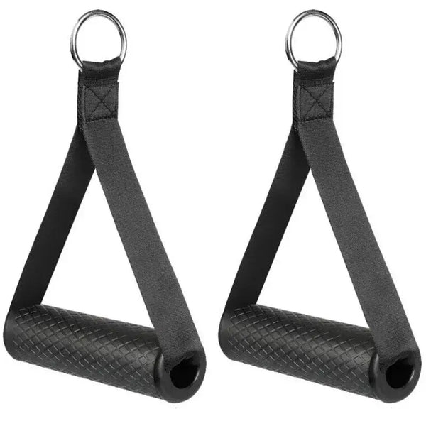 Anti-slip resistance band handles with strong nylon for cable machine workouts.