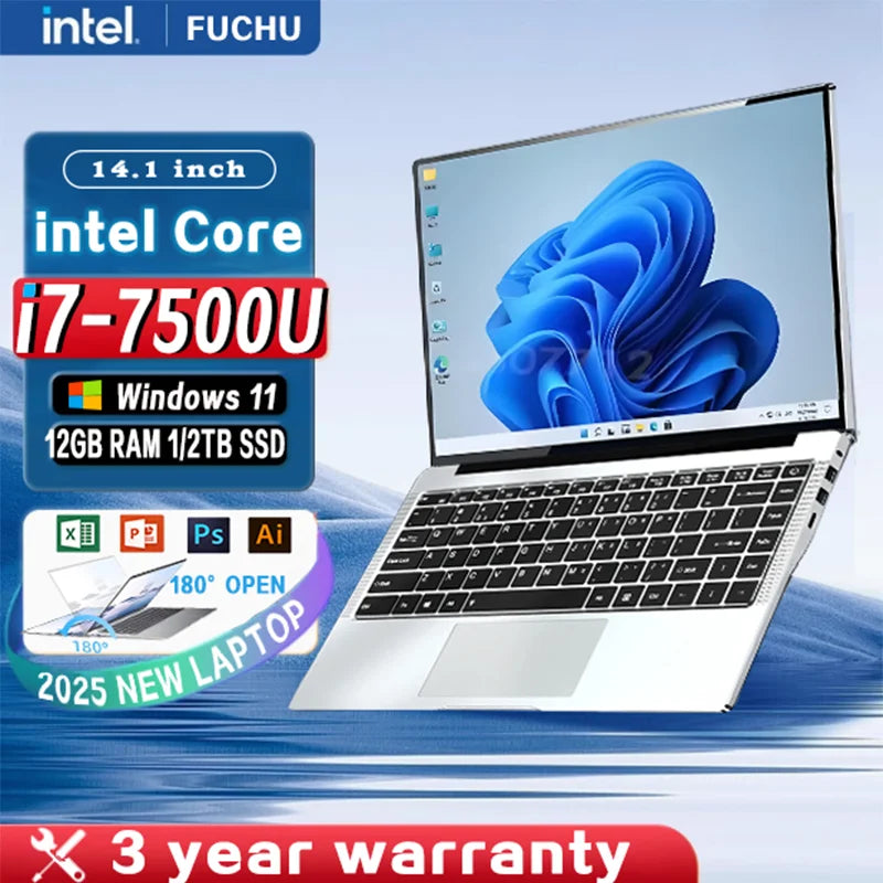 2025NEW Laptop Windows 11 Notebook computer14.1" Intel Core i7 7500U 12GB RAM 512GB/1TB SSD 1920*1080P Office Study PC computer