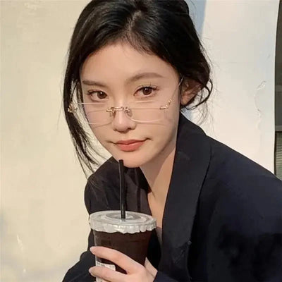 Transparent Rimless Rectangle Shades Glass Women Harajuku Blocking Glasses Frameless Anti-blue Optical Eyeglass Eyewear