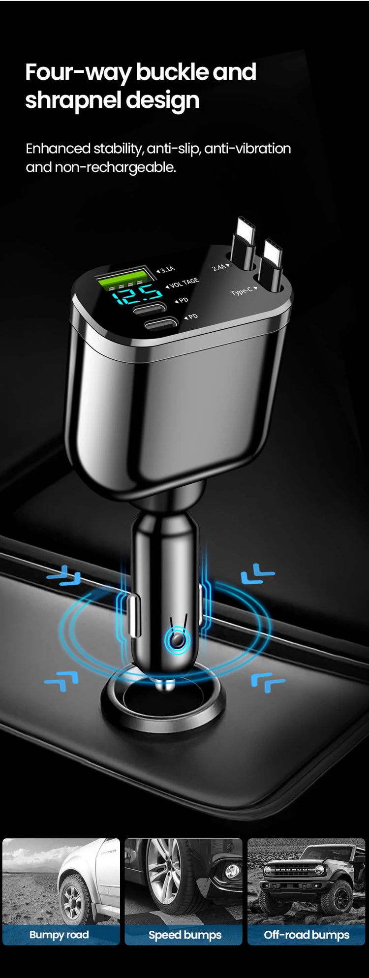 Elough Retractable Car Charger 5 in 1 Fast Charging Car Charger Retractable Cable 2 type c Ports Car Charger Adapter Compatible