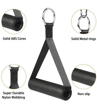 Anti-slip resistance band handles with strong nylon for cable machine workouts.