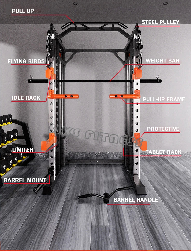 Home & gym gantry trainer with squat and fly station.