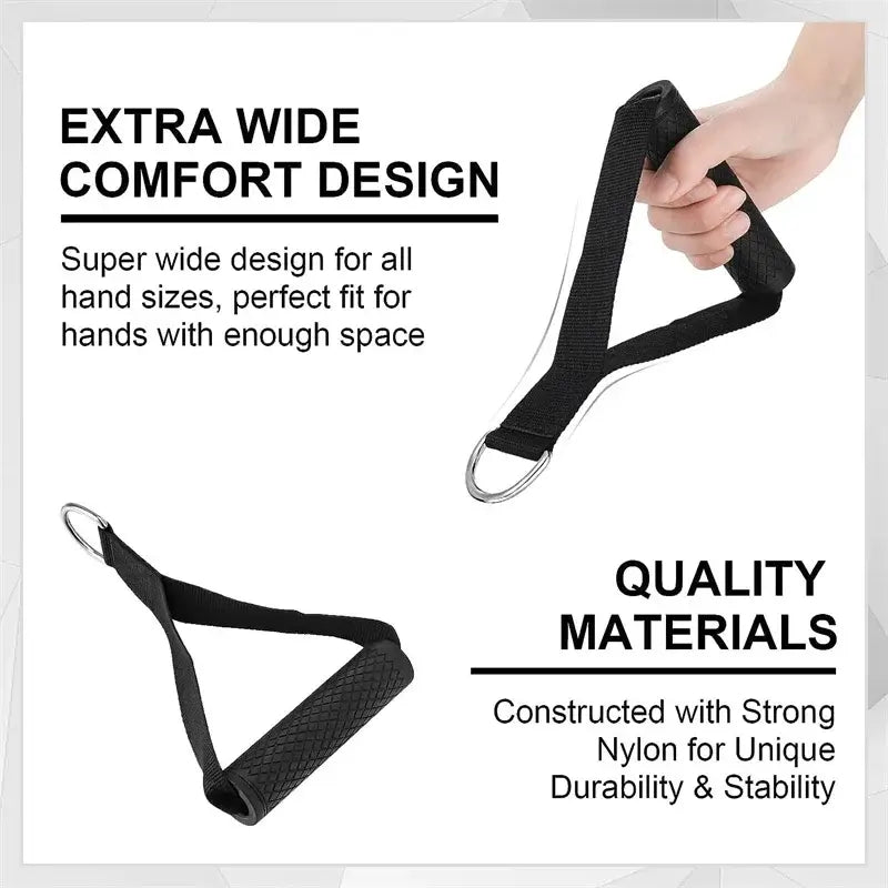 Anti-slip resistance band handles with strong nylon for cable machine workouts.