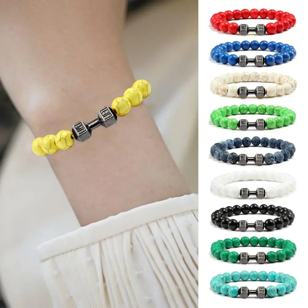 Gym Dumbbells Beads Bracelet Natural Stone Barbell Energy Weights Bracelets For Women Men Couple Wristband Fashion Jewelry Gift