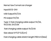 Elough Retractable Car Charger 5 in 1 Fast Charging Car Charger Retractable Cable 2 type c Ports Car Charger Adapter Compatible