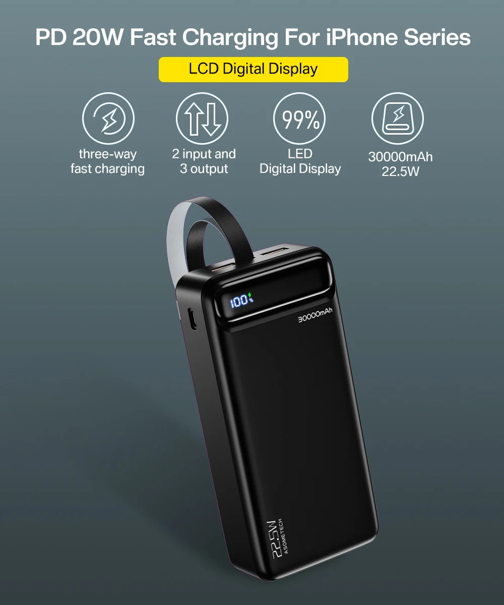 Power Bank 30000 mAh Portable Charger Poverbank Fast Charging Powerbank 10000 20000mAh External Battery For iPhone 13 12 Xiaomi
